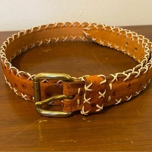 Tan Brown Leather Whipstitch Belt with Brass Buckle Jean Louis Fernandez Size 28